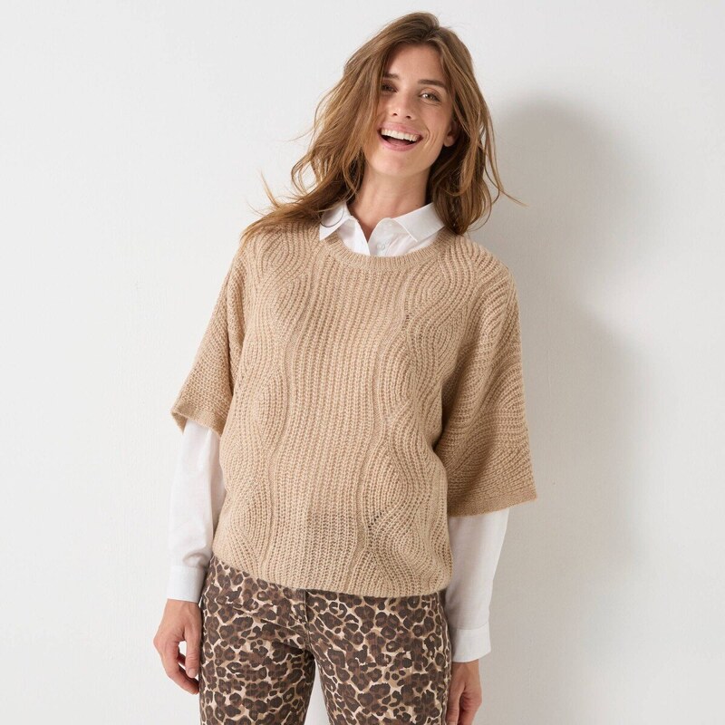 Pulóver s netopierími rukávmi po lakte béžový melír 054 Blancheporte 65985283