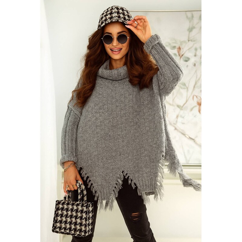 Fashionweek Sveter pončo s rolákom so strapcami BOHO ŠTÝL JK-GAJA 48752091