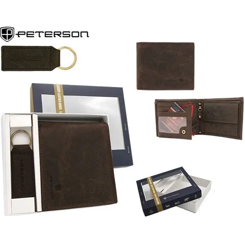 Módny tmavohnedý kožený set - peňaženka a kľúčenka 66516121