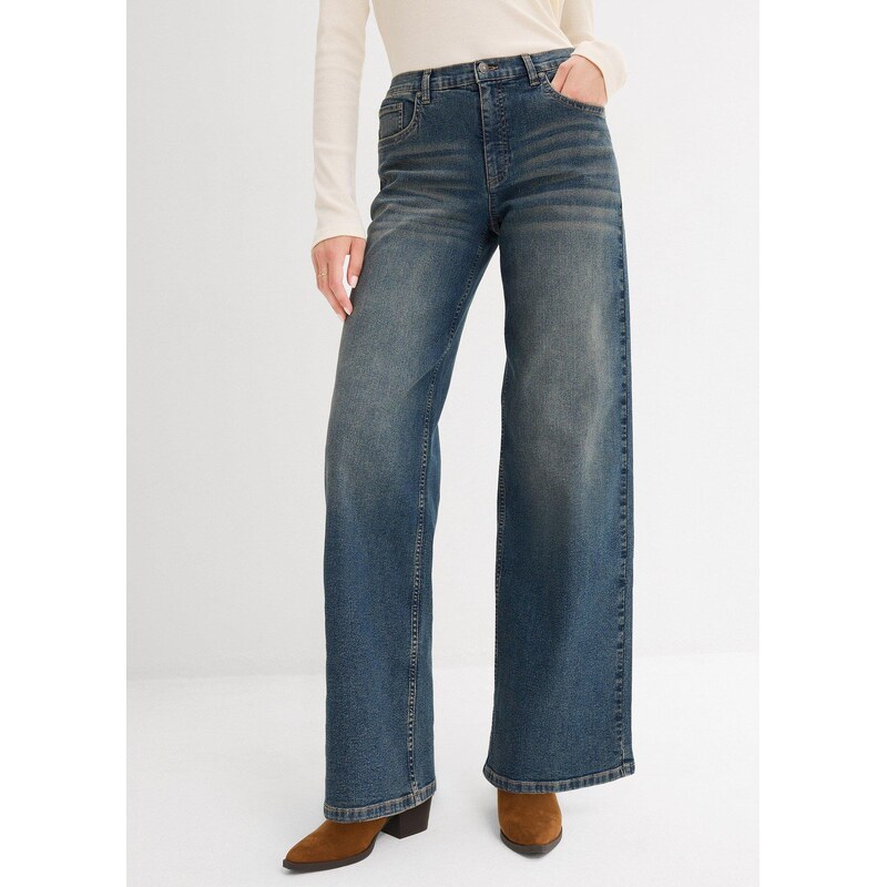 bonprix Džínsy s vysokým pásom, široký strih, farba modrá 64922083