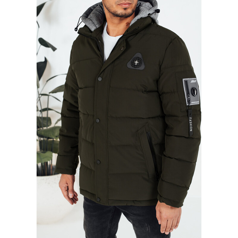 BASIC Tmavá khaki pánska zimná bunda s látkovou kapucňou TX5092 66460093
