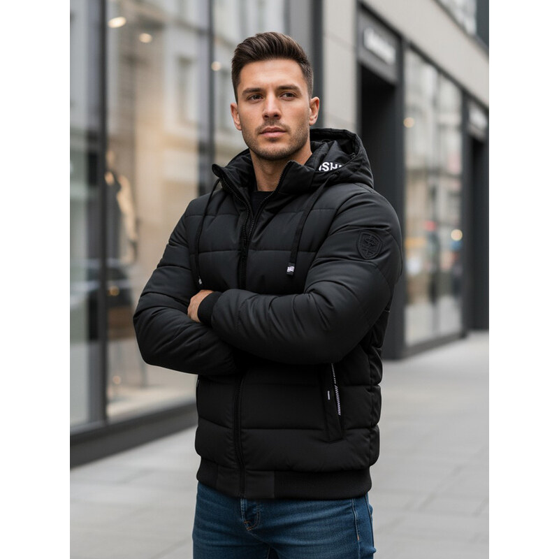 BASIC Čierna pánska zimná bunda s kapucňou a prešívaním TX5094 66460097