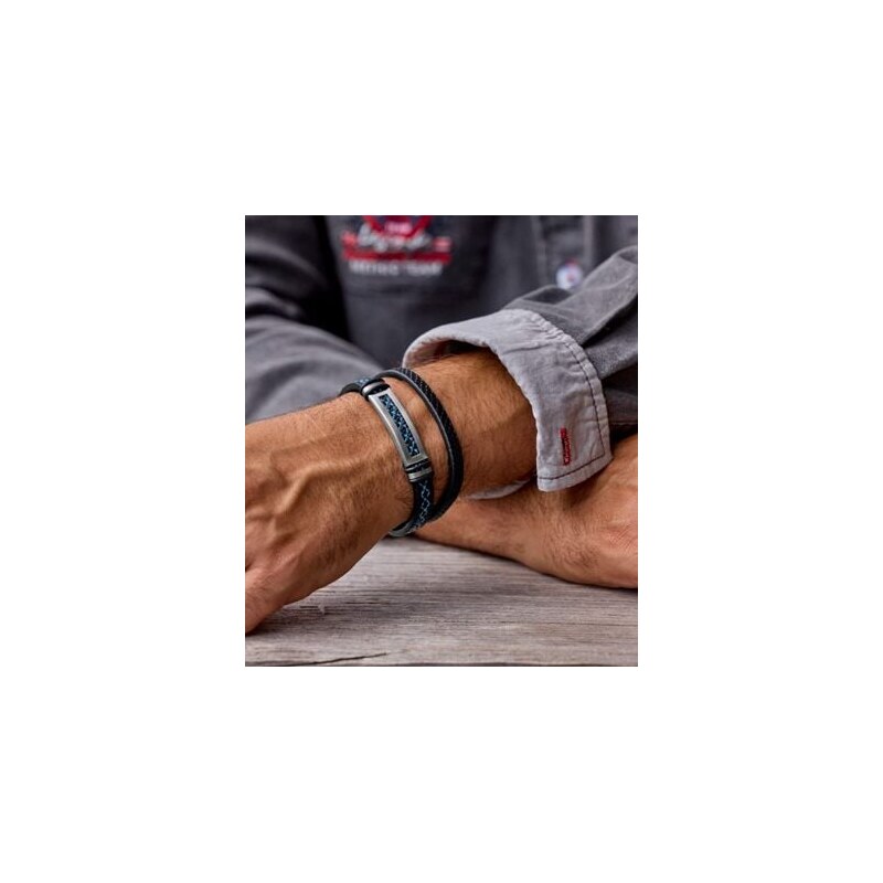 Dvojitý náramok z imitácie kože a ocele Atlas For Men Čierna 61681683