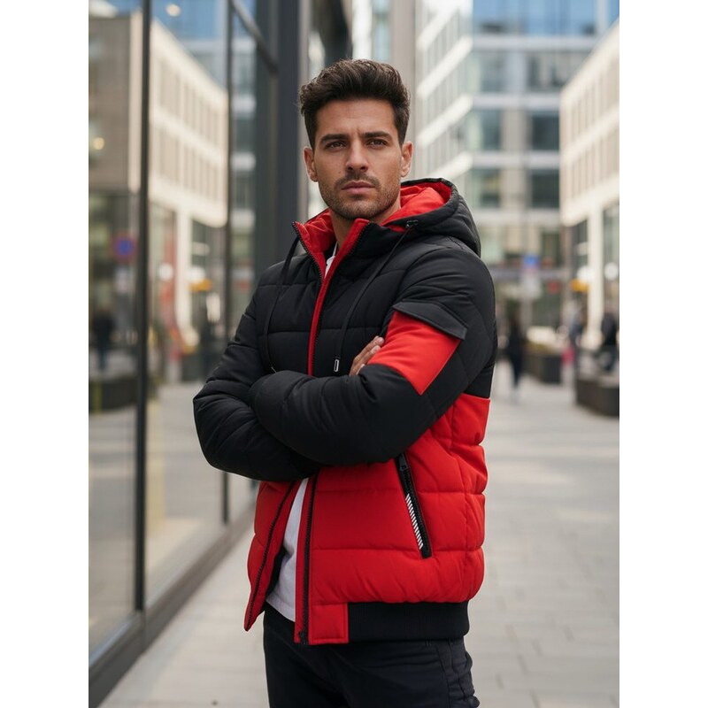 Dstreet Pánska zimná bunda s kapucňou v čierno-červenom prevedení 66410107