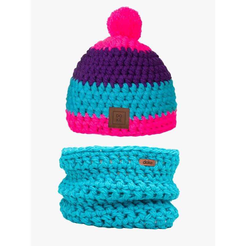 DOKE Detský set háčkovaný kulich Jess a nákrčník tyrkys do 11 rokov 66553549