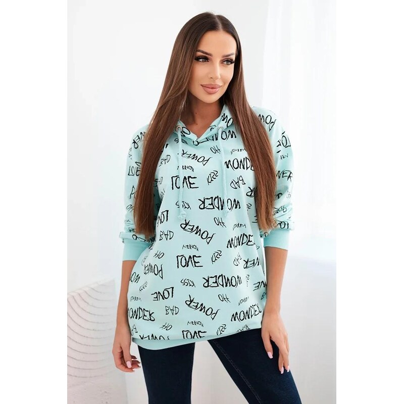 MladaModa Mikina s nápismi a kapucňou model 67962 mentolová 66487609