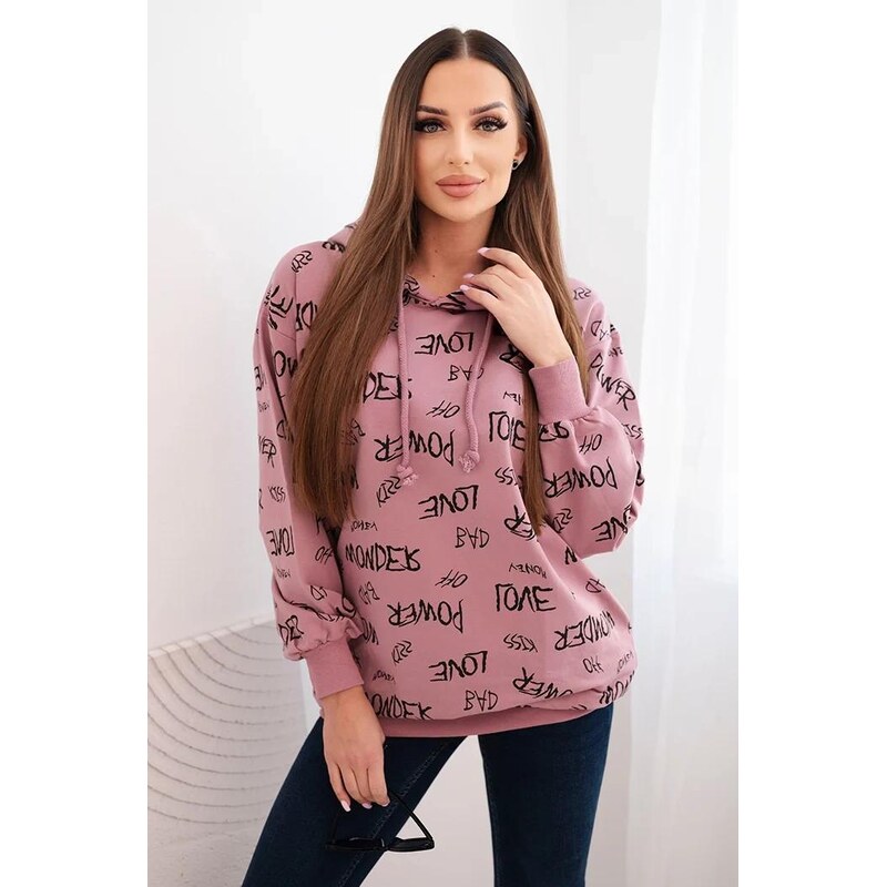 MladaModa Mikina s nápismi a kapucňou model 67962 staroružová 66487612