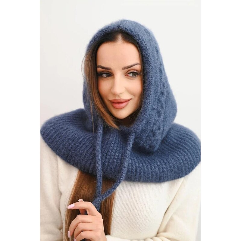 MladaModa Úpletová čiapka/kukla/kapucňa s viazaním a vrkočovým vzorom 66516101