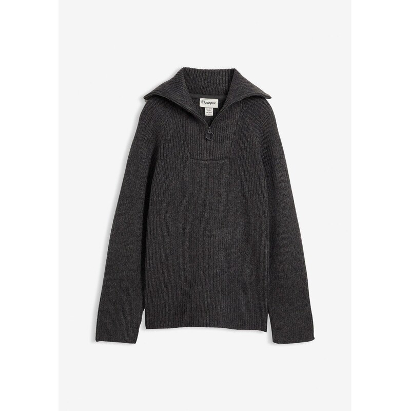 bonprix Vrúbkovaný pulóver s golierom, farba šedá 66600531