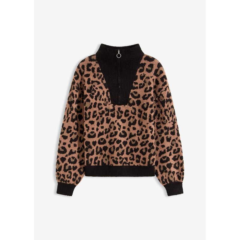 bonprix Pulóver s golierom na zapínanie, farba čierna 66600596