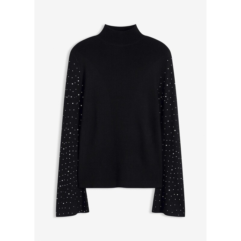 bonprix Pulóver s ozdobnými zvonovými rukávmi, farba čierna 66600837