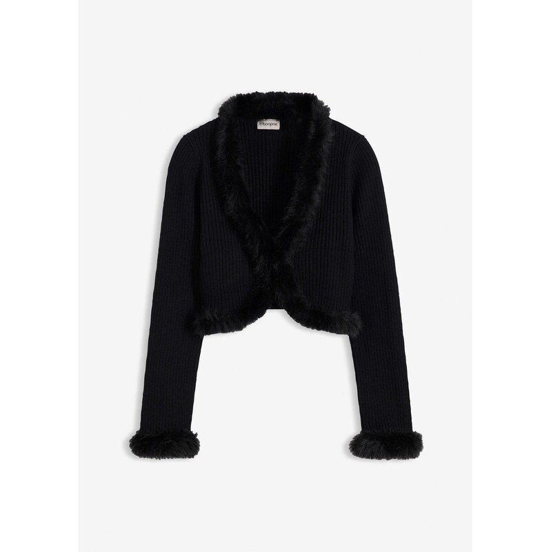 bonprix Pletený sveter s umelou kožušinkou, farba čierna 66601024