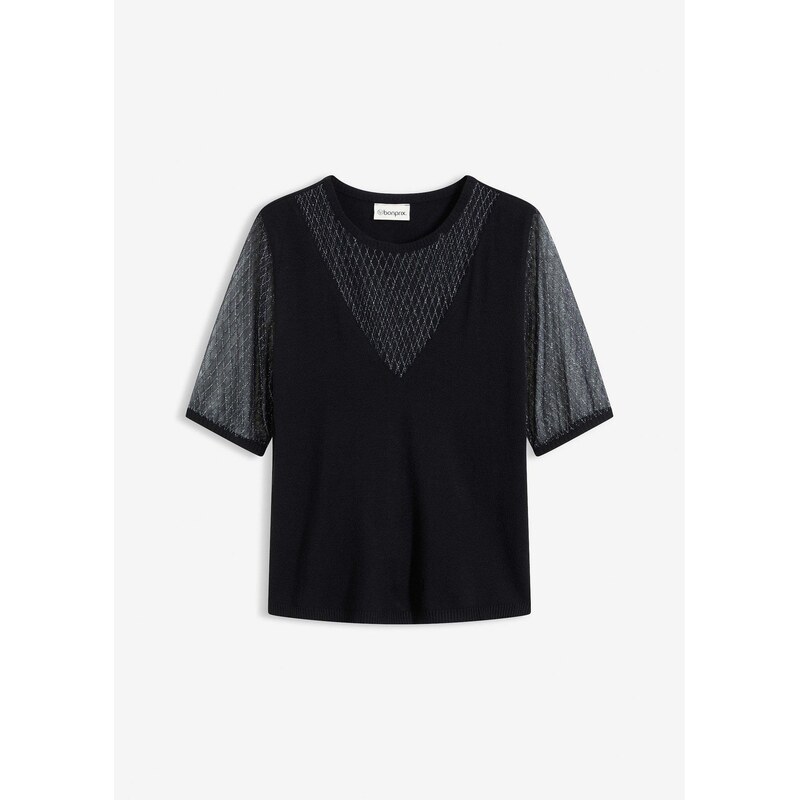 bonprix Jemne pletený pulóver so sieťovinou, farba čierna 66601027