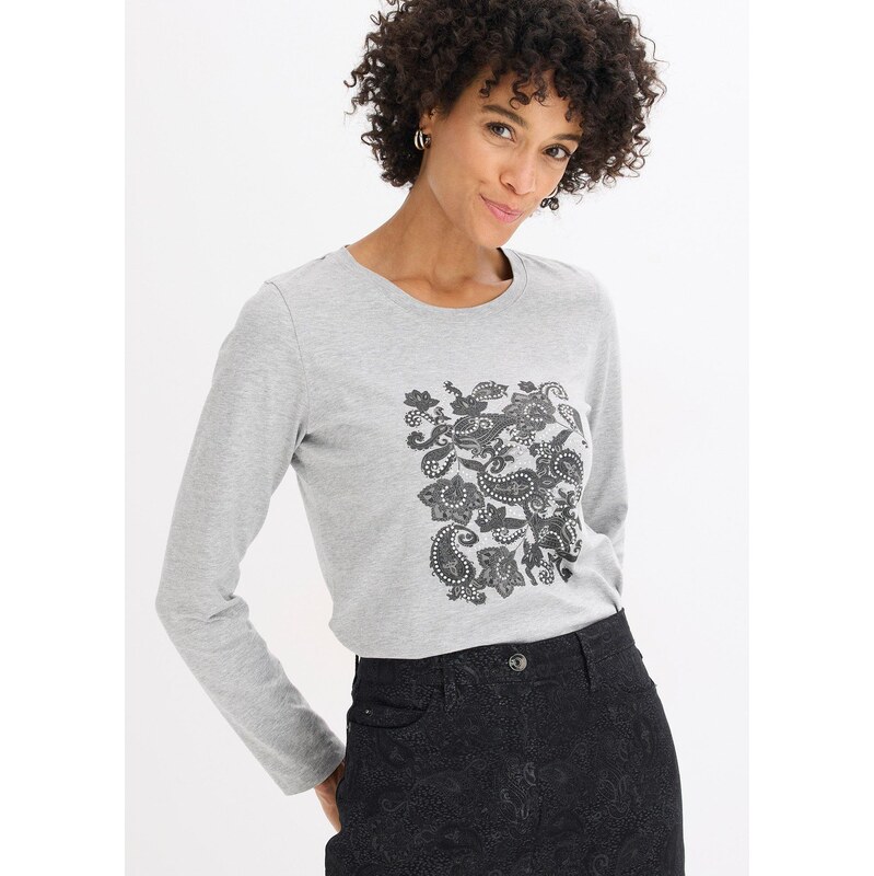 bonprix Tričko s dlhým rukávom s potlačou, z bio bavlny, farba šedá 66600721