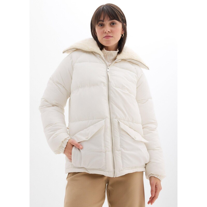 bonprix Prešívaná bunda s kožušinkovým golierom, farba biela 66600731