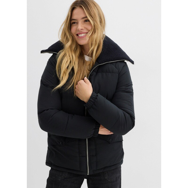 bonprix Prešívaná bunda s kožušinkovým golierom, farba čierna 66600730