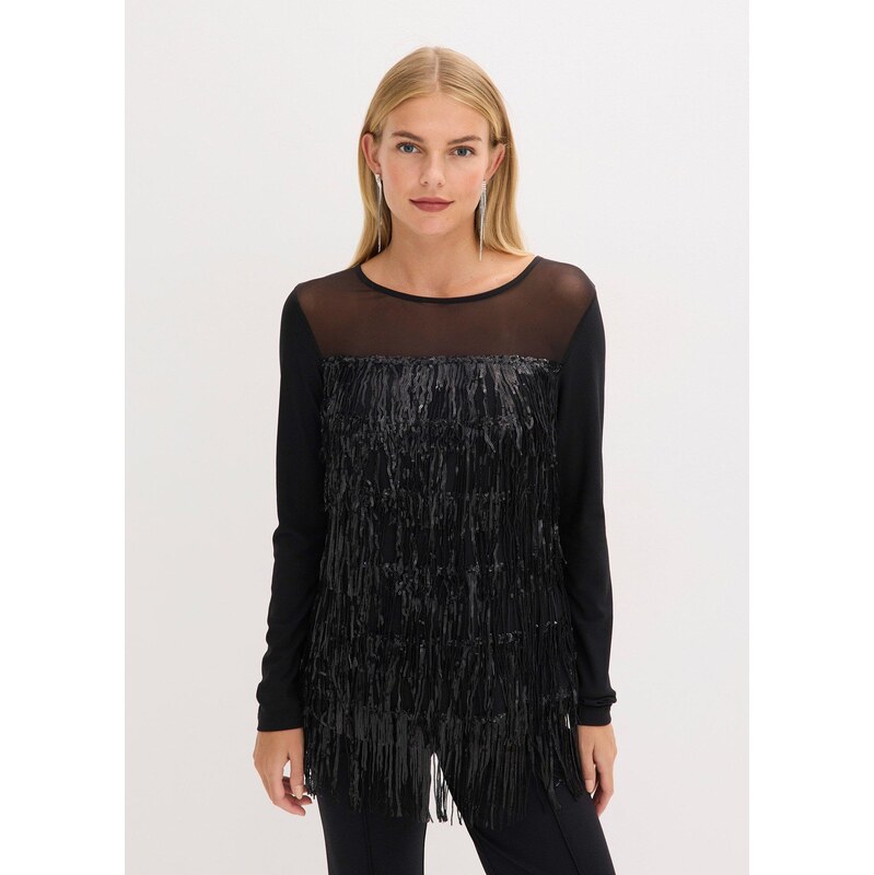 bonprix Tričko s dlhým rukávom a flitrovanými strapcami, farba čierna 66601008