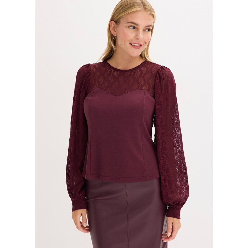 bonprix Tričko s dlhým rukávom a čipkou, farba hnedá 66601048