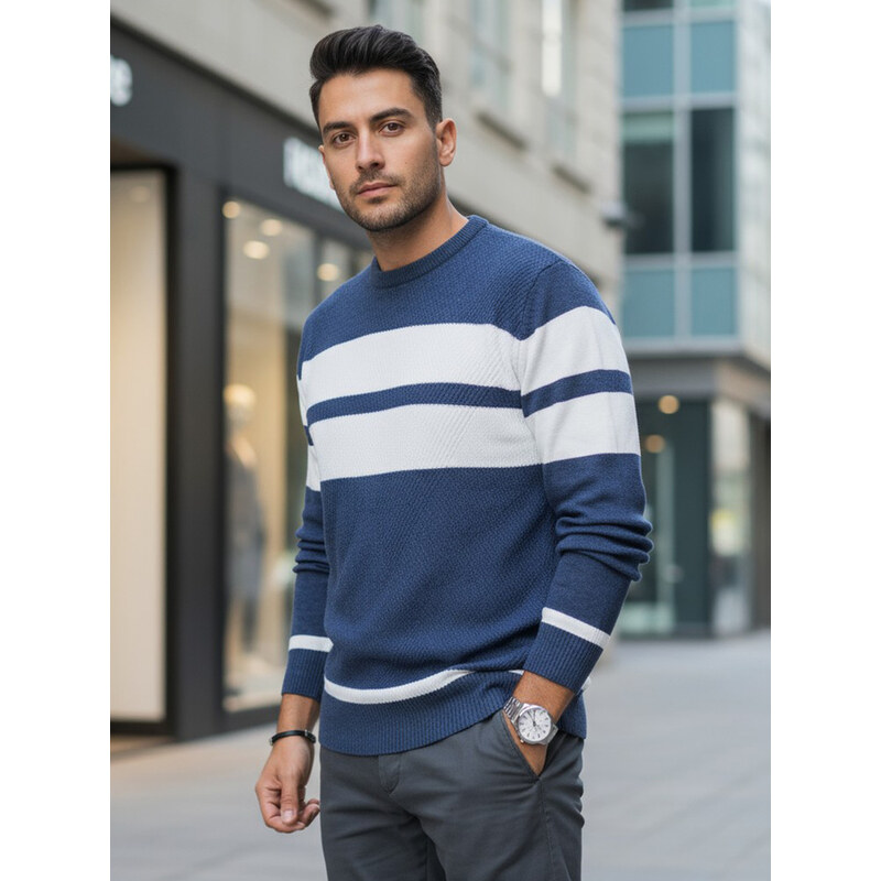 DStreet Pánsky modro-biely pruhovaný sveter 66683215