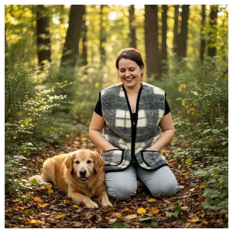 Kockovaná čierna vesta z ovčieho rúna ELU 14858166