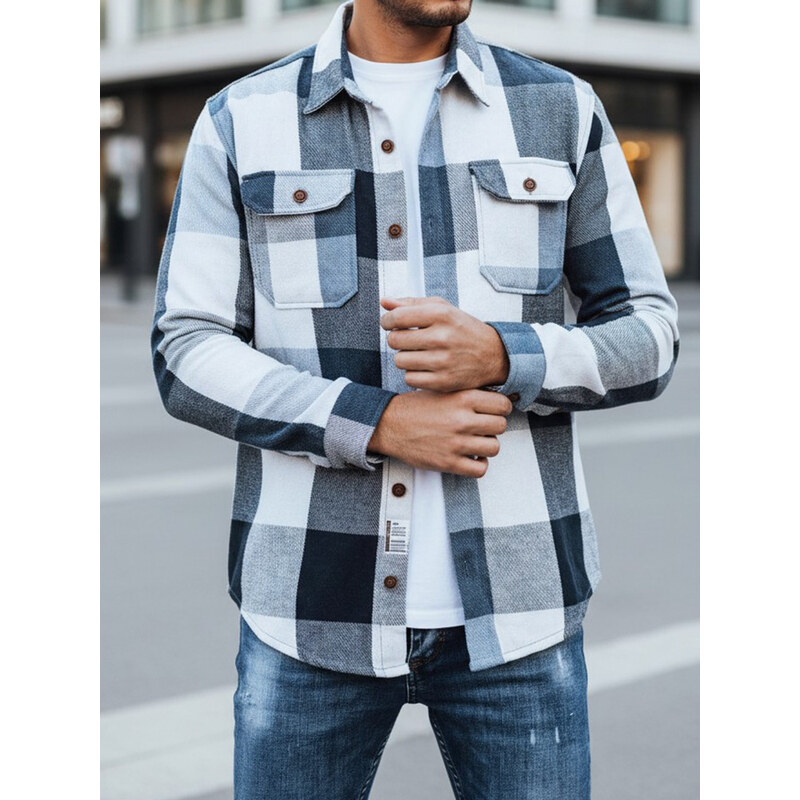 BASIC Bielo-modrá pánska kockovaná flanelová košeľa DX2676 66646937