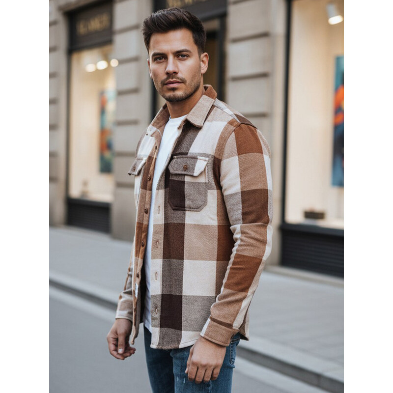 BASIC Bielo-hnedá pánska kockovaná flanelová košeľa DX2674 66646939