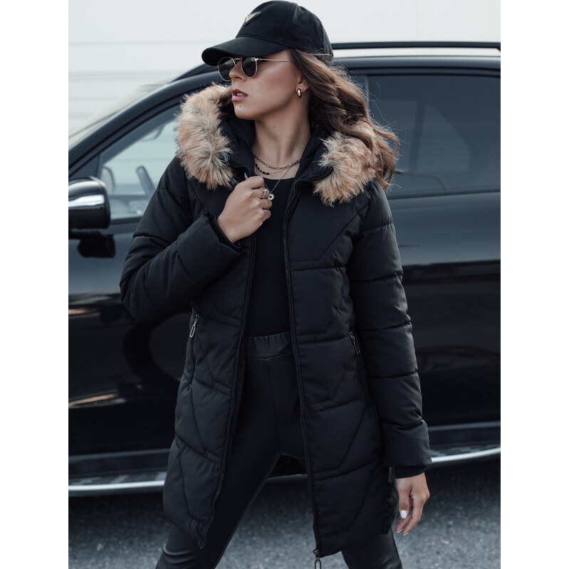BASIC Čierna dámska zimná prešívaná bunda s kožušinovou kapucňou 66646942