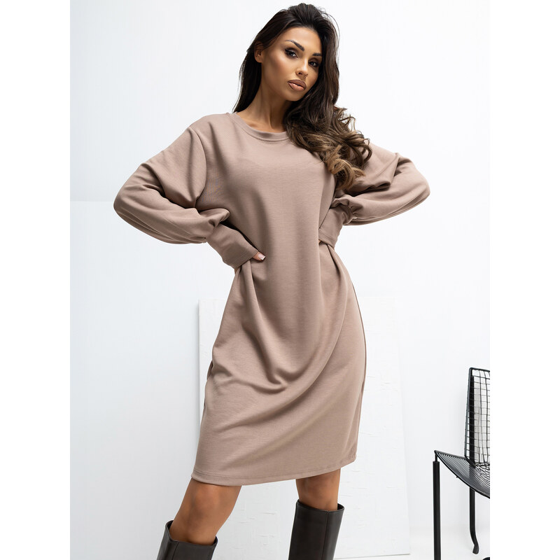 RUE PARIS Tmavobéžové dámske viskózové mini šaty s balónovými rukávmi 66914397