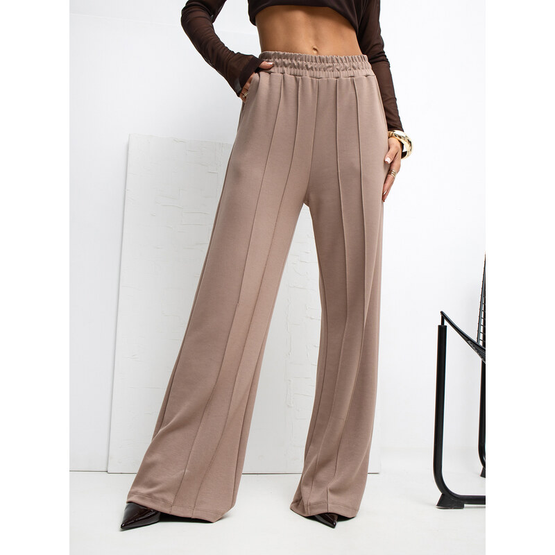 RUE PARIS Tmavobéžové dámske viskózové nohavice s prešívaním RV-DR 66914393