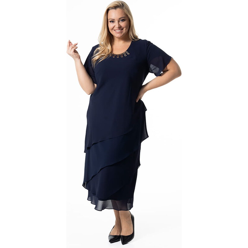 Šaty s ozdobou a asymetrickými volánmi tmavomodré 66653768