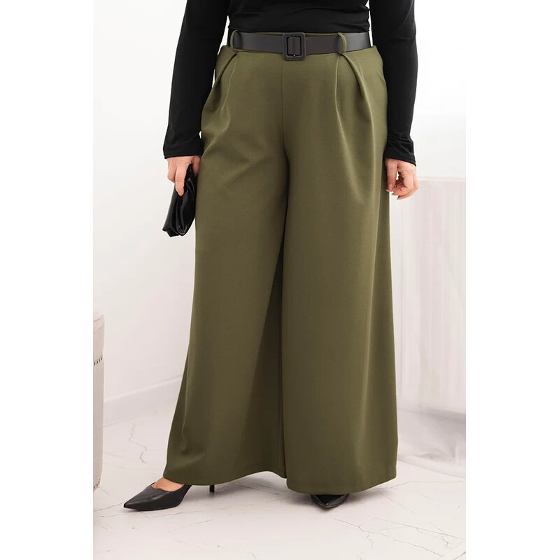 K-Fashion Dámske Plus veľkosť široké nohavice s opaskom Khaki 66657373