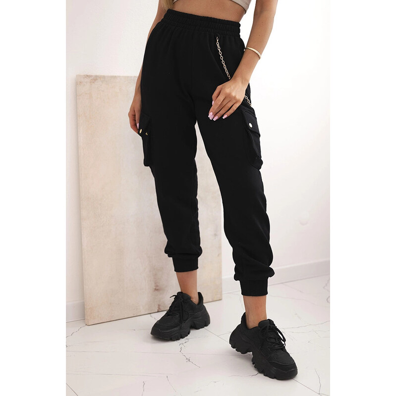 K-Fashion Dámske bavlnené cargo nohavice s vreckami a retiazkou čierne 67260998