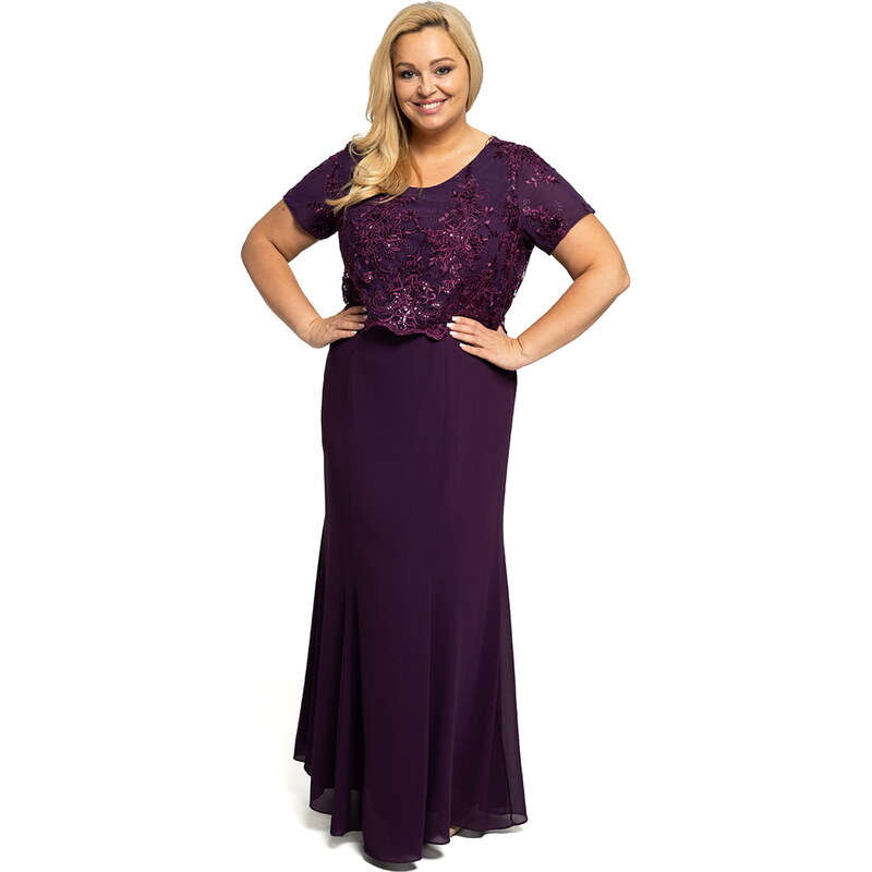 (veľ. 52) Dlhé šifónové šaty s flitrovanou čipkou fialové 61987791