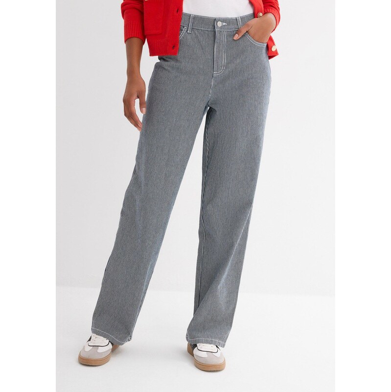 bonprix Džínsy, rovné, vysoký pás, pásikované, farba modrá 62115684