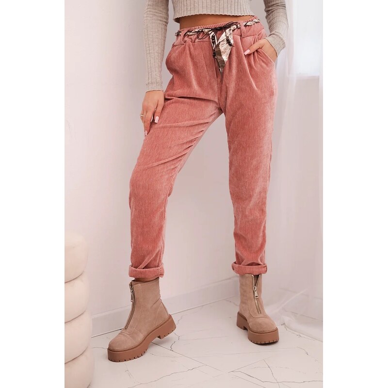 Kesi Włoski Dámske nohavice z viskózy s šatkovým opaskom tmavo ružové 66649871