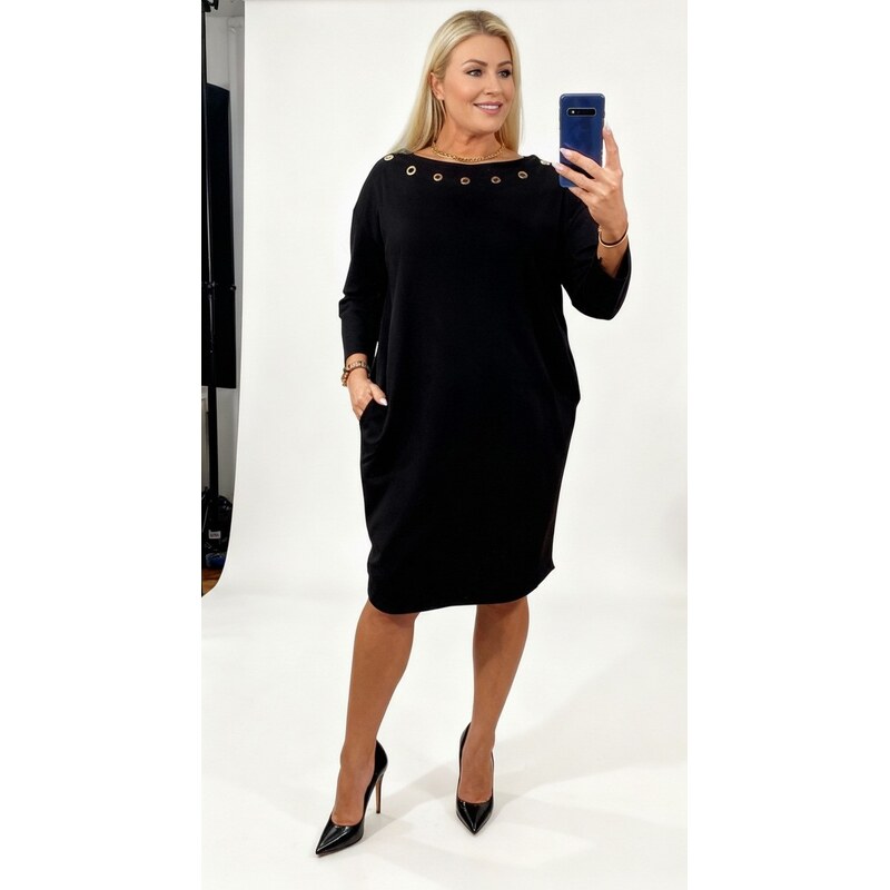 Šaty s kovovými očkami okolo výstrihu čierne 66301753