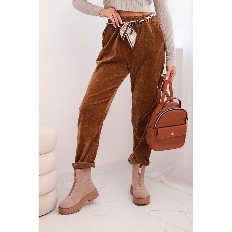 Kesi Włoski Dámske nohavice z viskózy s šatkovým opaskom camelové 66649869