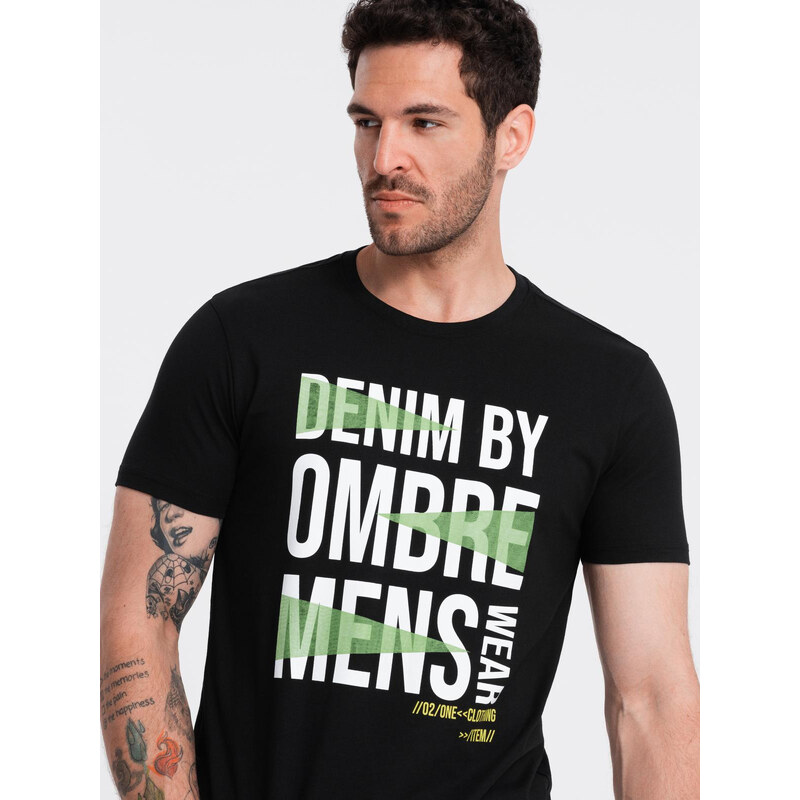 Ombre Mens cotton t-shirt with large inscription - black 57778461