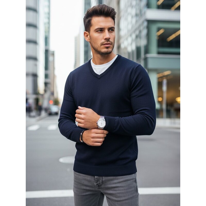Dstreet Základný tmavomodrý pánsky sveter s v-výstrihom 66691474