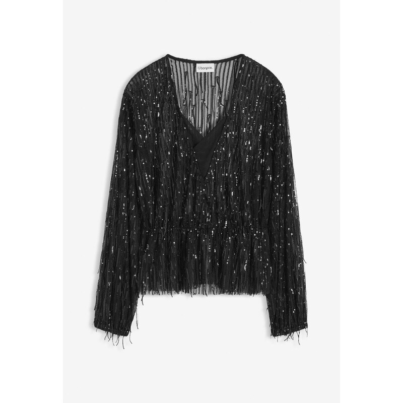 bonprix Flitrovaná blúzka so strapcami, farba čierna 66712892