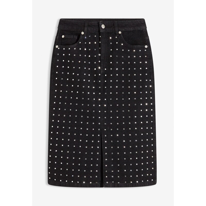 bonprix Džínsová sukňa so štrasovou aplikáciou, farba čierna 66712900