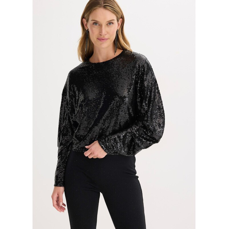 bonprix Tričko s dlhým rukávom s flitrami, farba čierna 66712885