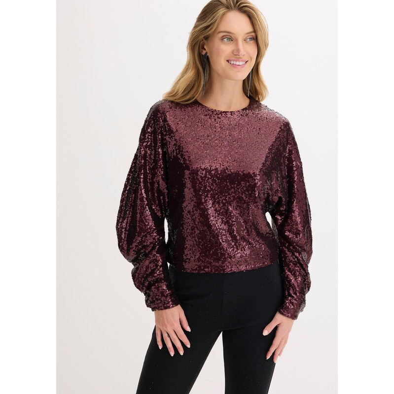 bonprix Tričko s dlhým rukávom s flitrami, farba hnedá 66712886