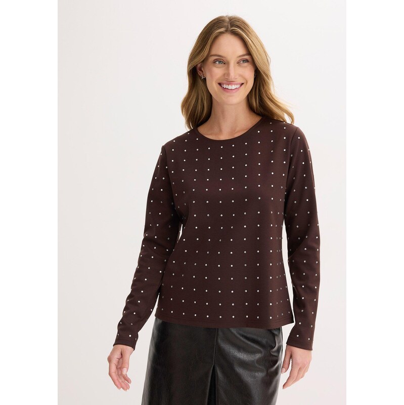 bonprix Tričko s dlhým rukávom so štrasovou aplikáciou, farba hnedá 66712888