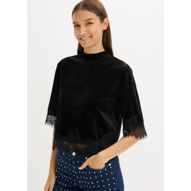 bonprix Zamatové tričko s čipkou, farba čierna 66712895
