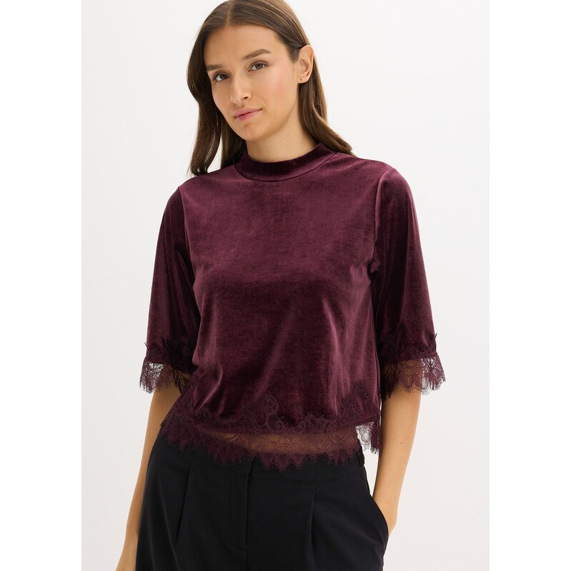 bonprix Zamatové tričko s čipkou, farba hnedá 66712896