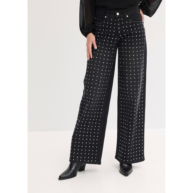 bonprix Džínsy Wide-Leg, so štrasom, stredná výška pásu, farba čierna 66712899