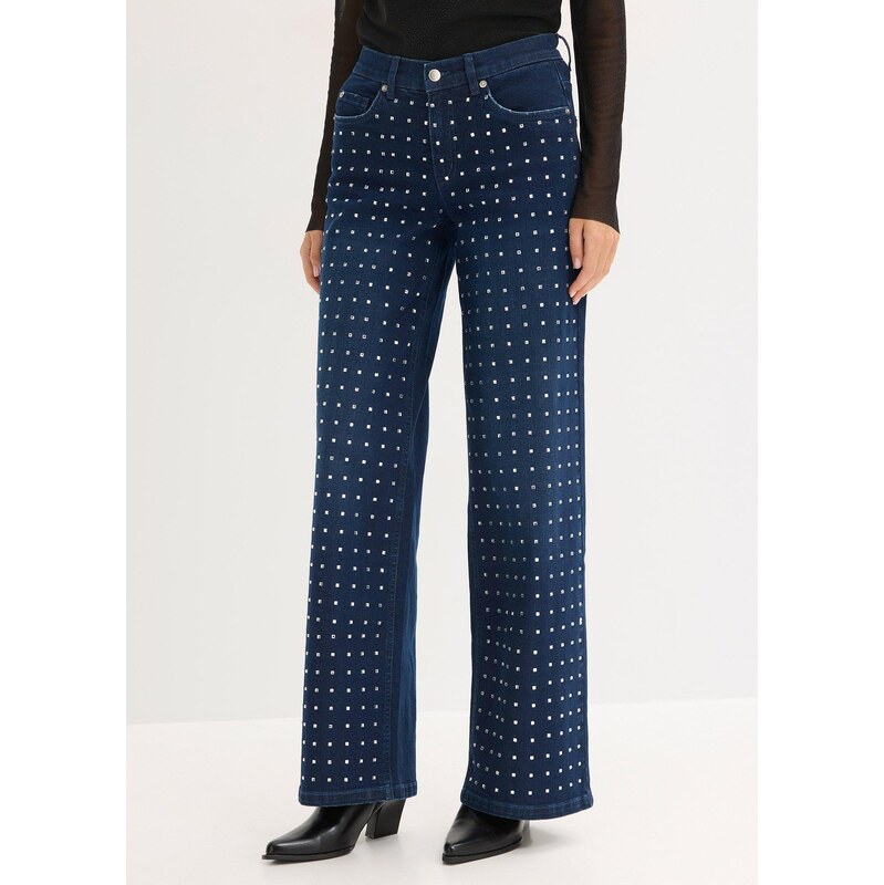 bonprix Džínsy Wide-Leg, so štrasom, stredná výška pásu, farba modrá 66712904