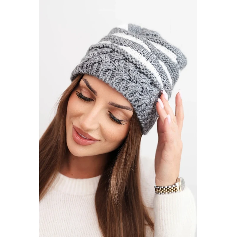 Kesi Dámska zimná čiapka z vlnou v hrubom pletení a pruhmi K465 šedá + 66717864