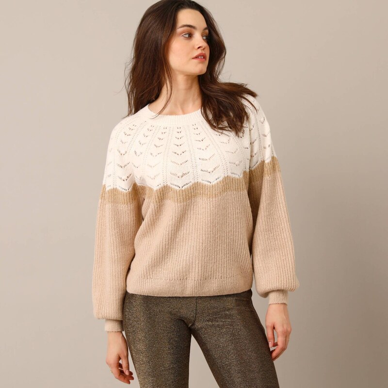 Pulóver s ažúrovým vzorom a trbletom ražná/béžová 054 Blancheporte 66721933